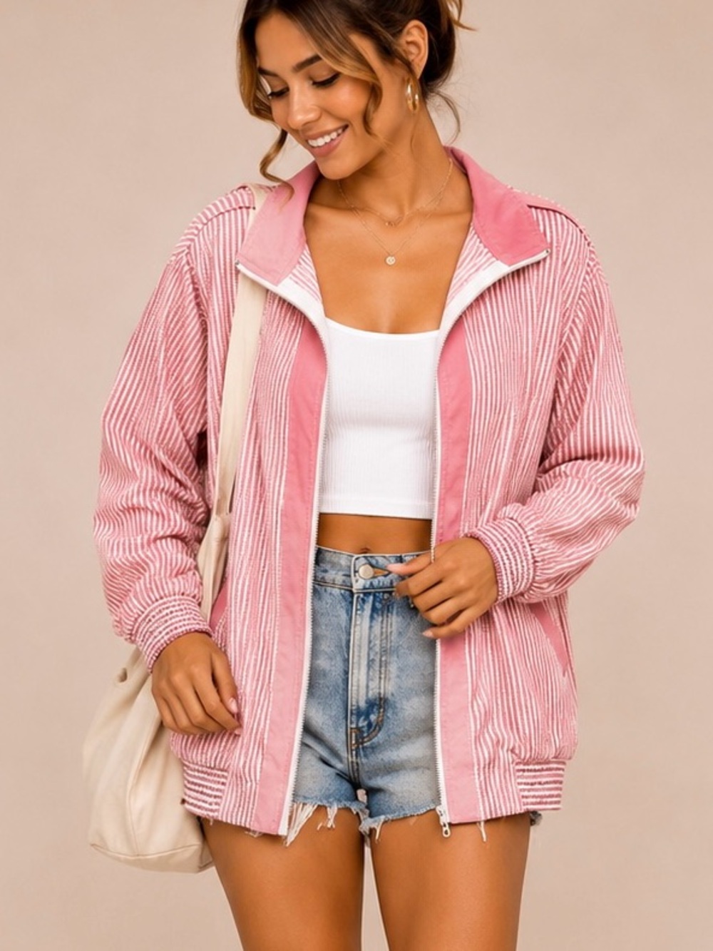 Alfred Dunner Pink Striped Bomber Jacket